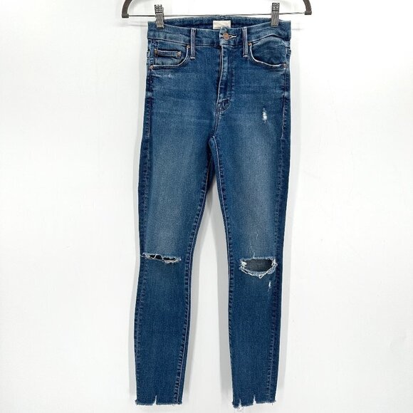 MOTHER Looker Ankle Fray Get Your Groove Distressed Blue Stretch 24 Denim Jeans
